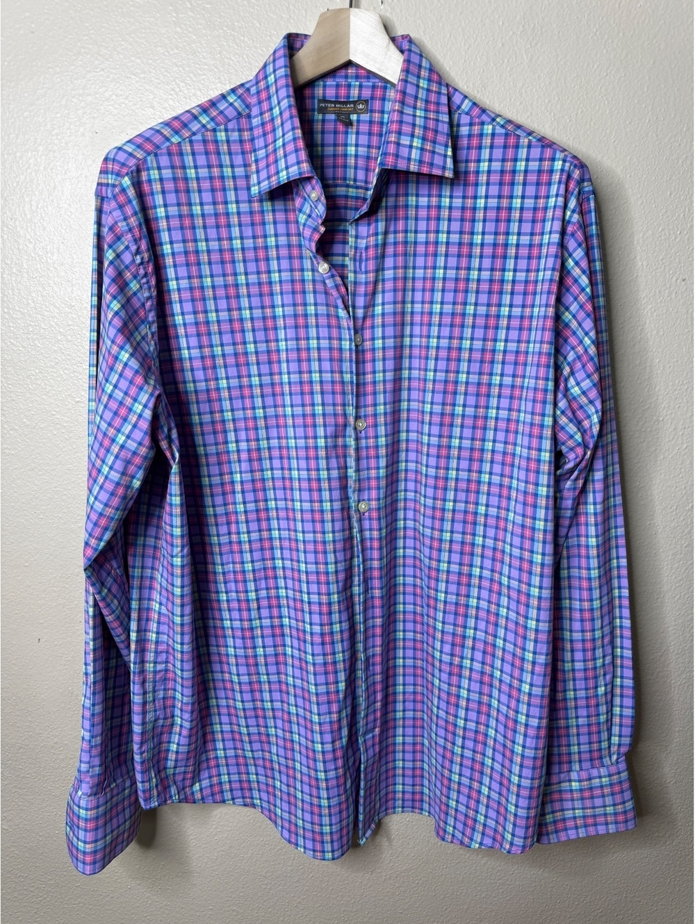 Peter Millar Mens XL Summer Comfort Button Up Shirt Multicolor Plaid Stretch
